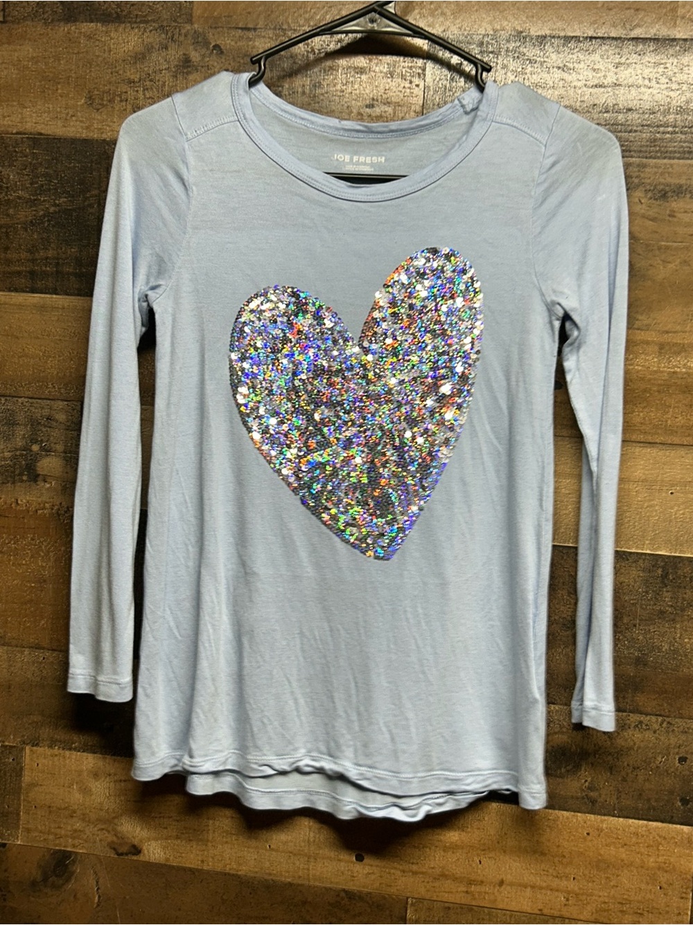 Joe Fresh Light Blue Long Sleeve Top with Holographic Sequin Heart
